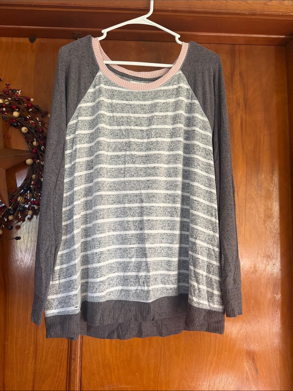 Maurices Gray and Pink Raglan Stripe Pullover